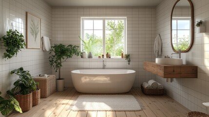 Scandinavian bathroom with white tiles and natural wood, simple washbasin and large mirror make the room look spacious and airy