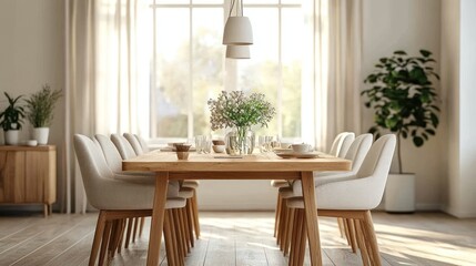 Scandinavian dining room with long wooden table and light fabric chairs, simple hanging lamps and vases of fresh flowers to add warmth to the atmosphere