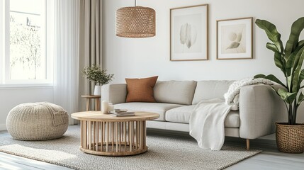 Scandinavian style living room with light grey sofa, white blanket and cushions, natural wood coffee table and light carpet create a warm and simple atmosphere.