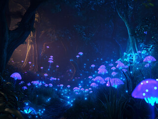 Fototapeta premium mystical glowing forest with bio luminescent plants at night