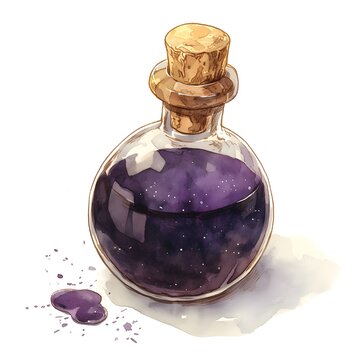 Glass Bottle of Purple Potion with Cork and Spilled Liquid