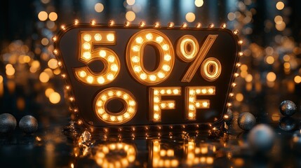 Illuminated 50% OFF sign with vintage-style bulbs against a festive, blurred background.
