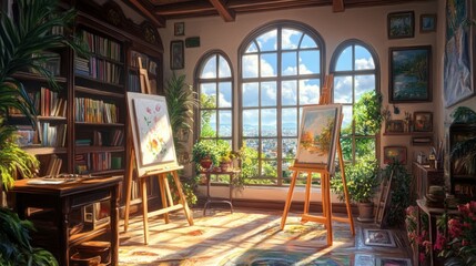 Fototapeta premium Artist's Studio with Large Windows and Easel