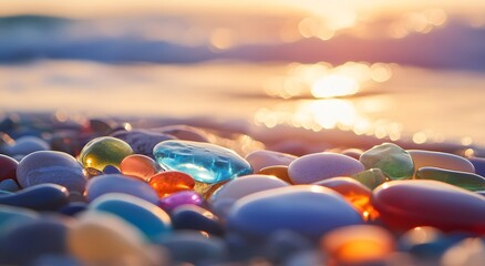 A beautiful beach covered with colorful glass pebbles, the sun illuminates the pebbles and makes their colors shine, which is very beautiful to look at. Which gives people comfort and joy.
