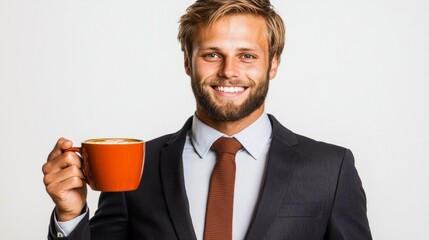 Smiling Man in Suit Holding a Cup of Coffee in a Cafe , isolated on white background,  , copy space, copy space for text,