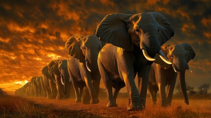 Fototapeta premium A herd of elephants walking through tall grass at sunset