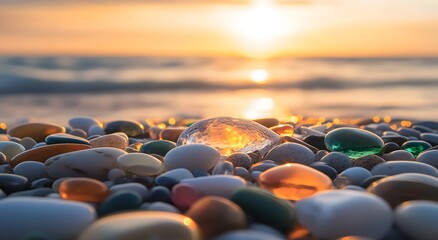 Obraz premium A beautiful beach covered with colorful glass pebbles, the sun illuminates the pebbles and makes their colors shine, which is very beautiful to look at. Which gives people comfort and joy.