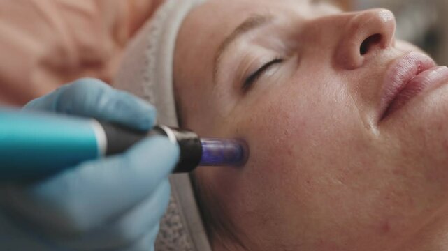 Close-up of a female patient undergoing a microneedling procedure with a professional derma pen in a beauty clinic.