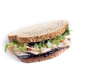 Turkey sandwich with cranberry sauce for Thanksgiving isolated on white background. Copy space