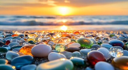 A beautiful beach covered with colorful glass pebbles, the sun illuminates the pebbles and makes their colors shine, which is very beautiful to look at. Which gives people comfort and joy.