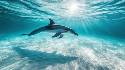 Obraz premium A Dolphin Swimming Upwards Towards Sunlight Through the Ocean