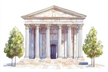 Obraz premium Classical temple with columns, surrounded by trees, isolated on a white background.