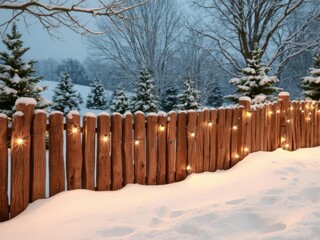 A festive Christmas background with a snow-covered landscape, a rustic wooden fence, and twinkling lights, background, celebration