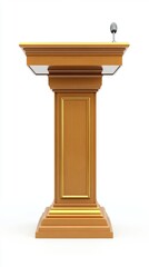 Elegant wooden podium with microphone, isolated on white background.