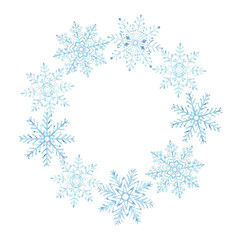 Blue snowflakes in christmas tree shape. Christmas decoration in vintage. Hand drawn watercolor illustration for New Year holiday design. Isolated clipart for postcard, scrapbooking, showcase, sale.