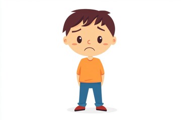 Sad cartoon boy standing with a worried expression, white isolated background