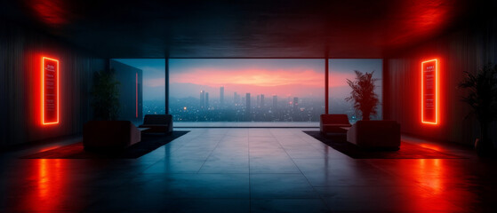 Neon-Lit Cyberpunk Interior Overlooking Cityscape
