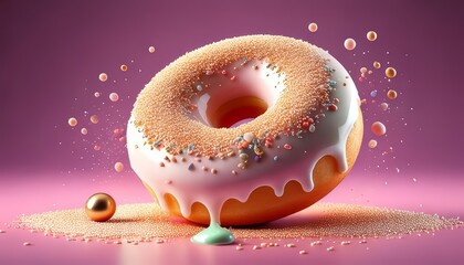 sweet donut on a pink background, delicious desert,