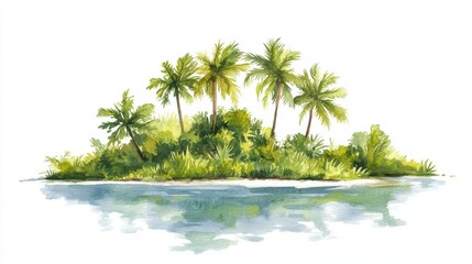 Fototapeta premium Tropical island with palm trees and serene water reflection, white isolate background.
