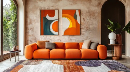 Modern living room interior design with an orange sofa, textured rug, and colorful abstract art on the wall.