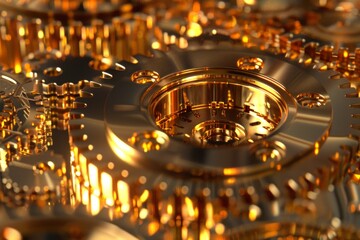 Gold metal engine gear wheels, industrial background with connected sprockets. Neural network ai generated art