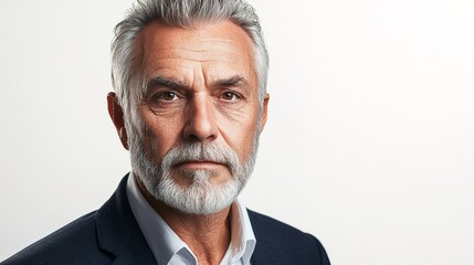 Fototapeta premium Portrait of a Mature Man with Graying Hair and Beard, Exuding Confidence and Wisdom, Set Against a Light Background in a Professional Attire