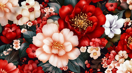 vibrant floral pattern featuring red and white flowers with lush green leaves, inspired by Lunar New Year, creating festive and lively atmosphere.