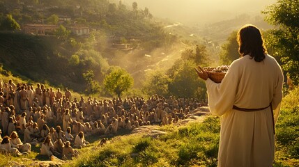 Jesus speaks to a crowd during a golden sunset in a tranquil rural landscape