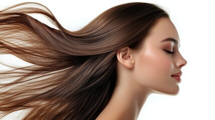 Naklejka premium Beautiful model girl with Brown hair strand,silky healthy chestnut wavy hair strand isolated on white background,hair wavy ribbon, with smooth texture,vibrant shine,brunette hairpiece, hairy ribbon. 