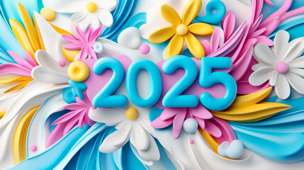 Obraz premium vibrant 3D card with colorful abstract floral design featuring year 2025, showcasing lively and cheerful atmosphere.