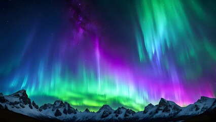 Cosmic aurora lights with vivid greens purples and blues dancing across the sky, AI Generated