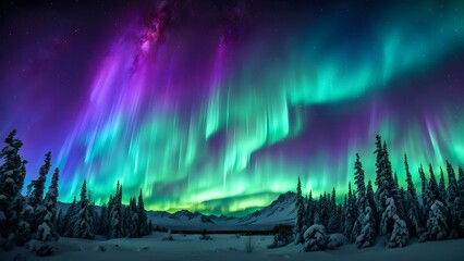 Cosmic aurora lights with vivid greens purples and blues dancing across the sky, AI Generated