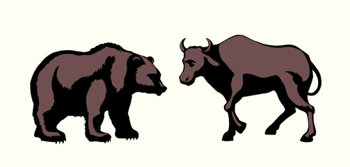 Vector drawing. Big cow and bear