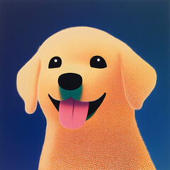 cheerful, cartoon style illustration of golden retriever dog with big smile and playful expression. background is gradient of blue, enhancing dog vibrant colors