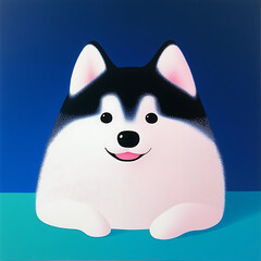cute cartoon style husky with fluffy coat and friendly expression, set against blue background. This playful illustration captures charm of this beloved breed