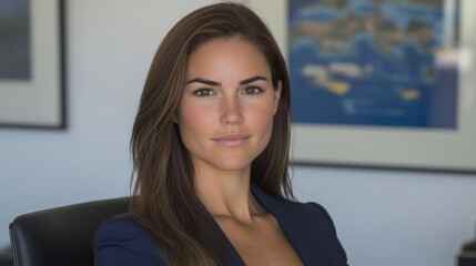 Young Woman with Long Brown Hair Sitting in an Office Chair, Looking at the Camera , isolated on white background,  , copy space, copy space for text,