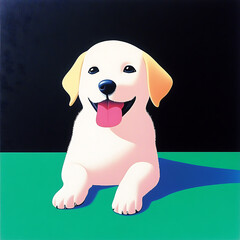 playful and cheerful cartoon style labrador puppy with bright smile, sitting on green surface against dark background