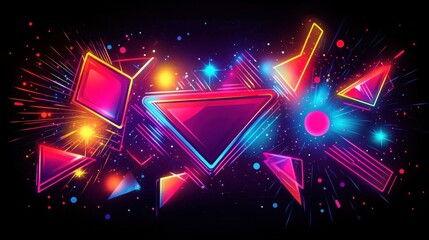 Obraz premium Neon geometric shapes wallpaper surrounded by light bursts on a dark background