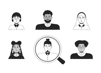 Human resources searching black and white 2D illustration concept. Multiethnic candidates applying for job in business company outline characters isolated. Metaphor monochrome vector art