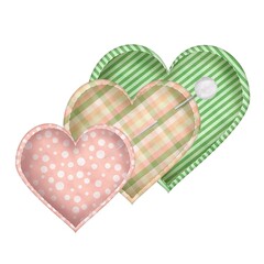 Three textile hearts with polka dot, plaid and striped patterns. Pin with bead. Sewing clipart. Hand-drawn watercolor illustration