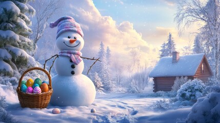 Fototapeta premium Smiling Snowman with Easter Eggs in a Snowy Setting