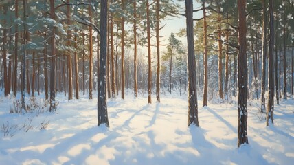 Fototapeta premium A serene winter landscape captures a sun-drenched forest with snow covered ground,Snowy tunnel, highlighting the peaceful beauty and tranquility of nature,winter season.