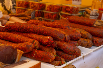 Homemade sausages on the counter of Europe