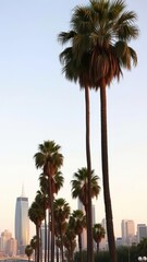 Los Angeles skyline with tall palm trees in the foreground, showcasing the iconic cityscape and tropical vibe, travel, skyscrapers