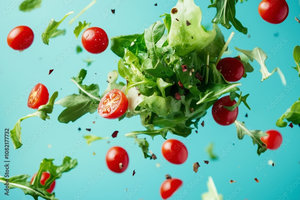 Wall mural Fresh salad with cherry tomatoes and greens tossed in the air against a turquoise background 