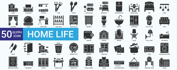 Home life icon set with bedroom, kitchen, living room, bathroom, toilet, chair, wardrobe, sofa, television and lamp