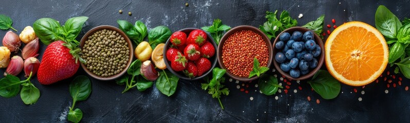 Many different fruits and vegetables in bowls lined up, nutritionist concept, food background, banner, copy space