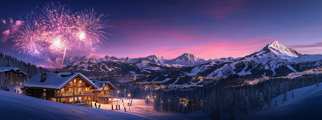 Ski Resort Chalet Overlooking Valley With Fireworks In Winter Twilight