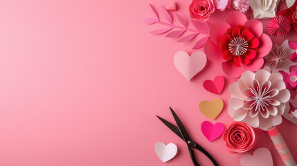 creative Valentine Day scene with 3D paper cut flowers and hearts on pink background, featuring scissors and various paper crafts. vibrant colors evoke sense of love and creativity