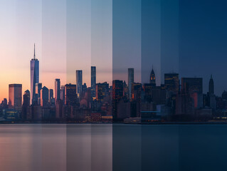 Fototapeta premium an aerial view of a modern cityscape at sunrise, dusk, daylight, and night in one picture